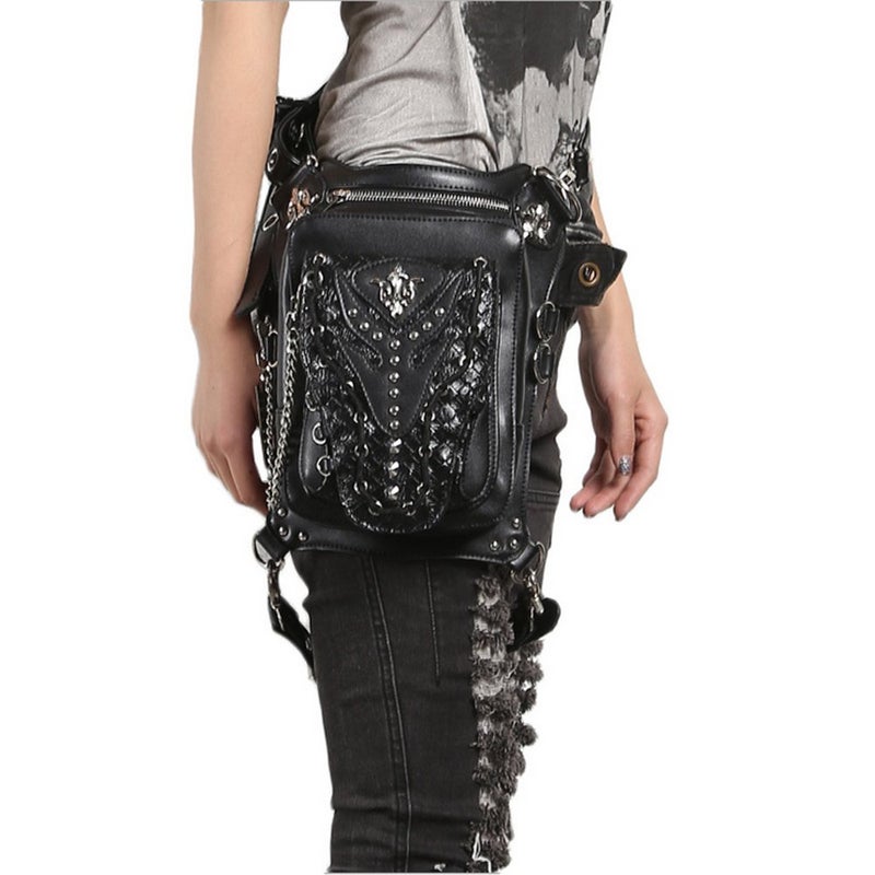 Chikencall Gothic Steampunk Waist Bag Drop Leg Arm Pack Waist Shoulder Fanny Pack Purse Pouch Black - Image 2
